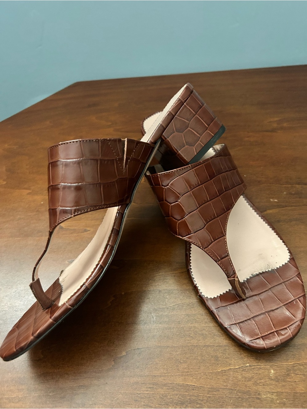 JCrew Brown Croc-Embossed Leather Thong Sandals block heel 10.5